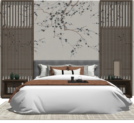 中式新中式双人床，床头柜，台灯，摆件，床头背景墙，地毯