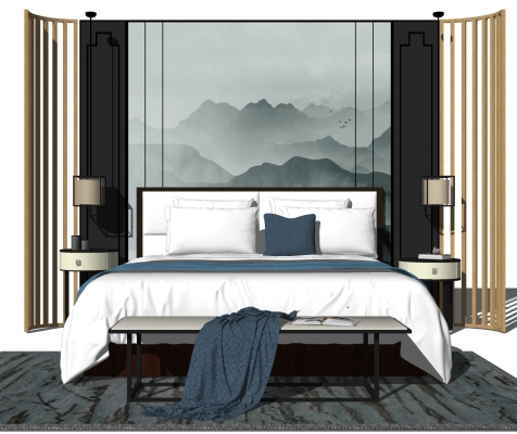 中式新中式双人床，床头柜，床头小吊灯，摆件，床尾凳，弧形床头背景墙，地毯