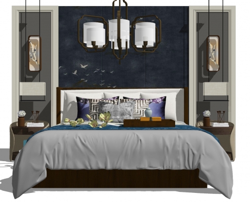 新中式双人床，床品，托盘，吊灯，床头小吊灯，树枝墙饰，床头背景墙，床头柜，台灯