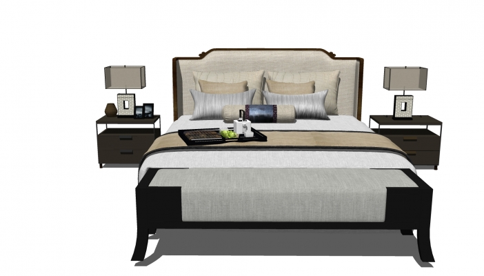 44新中式双人床，床品，床尾凳，床头柜，台灯，托盘，摆件