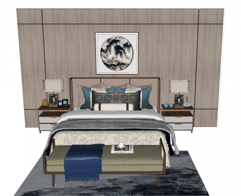 新中式双人床，床头柜背景墙组合,台灯，摆件，床尾凳，地毯，装饰挂画
