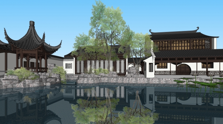 中式徽派建筑园林花园人造湖，景观庭院，假山，长廊，亭子，人造湖，院墙 
