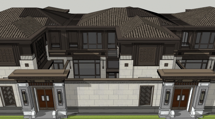 新中式别墅，会所，建筑院墙，围墙，大门，门头 