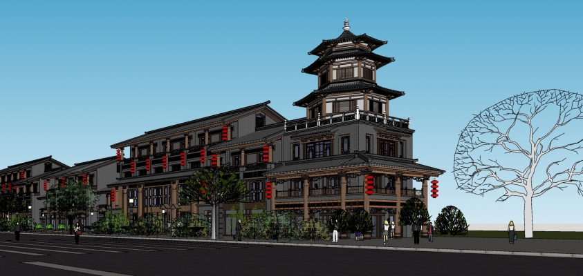230中式建筑商业街，沿路中式商业街区，酒吧餐厅，中式塔楼