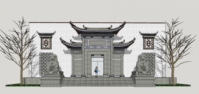 366中式风格门头门面，徽派马头墙，徽派建筑，中式商街门面，牌坊大门