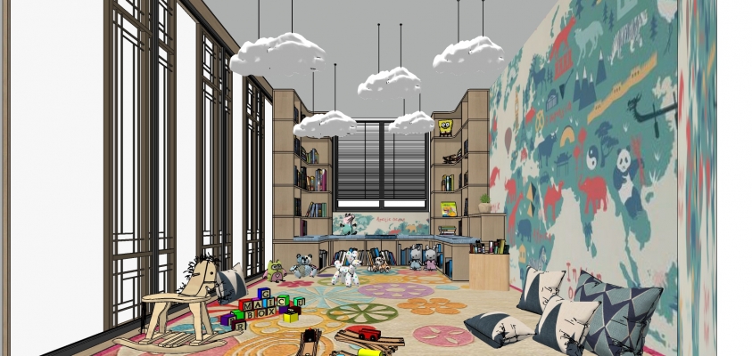 371现代儿童活动区空间，儿童读书阅览室，儿童游乐玩具，儿童玩具装饰摆件，木马凳，儿童图书柜，云朵模型