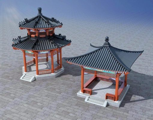 中式古建古典八角凉亭,四角凉亭,雕花,斗拱