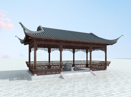 中式古建古典凉亭，石桌石凳，水榭，遮阳棚