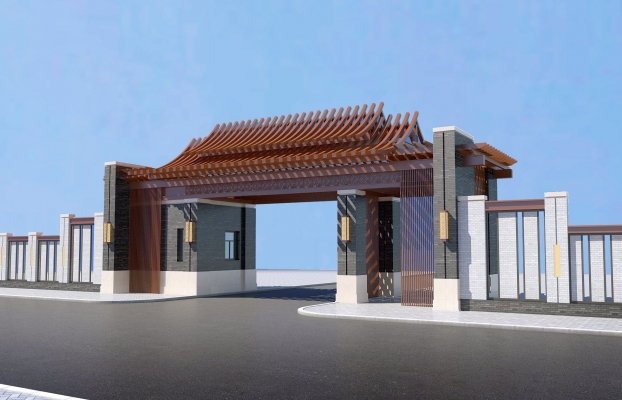  新中式木梁结构入口大门 