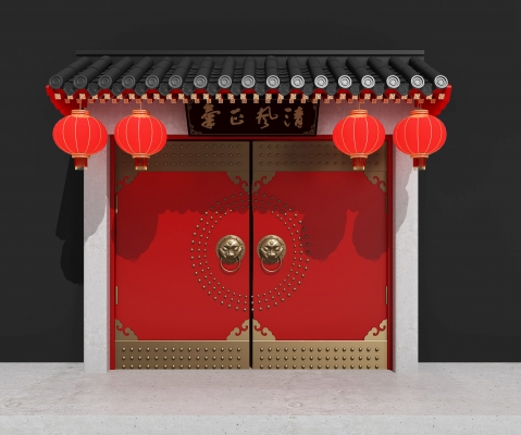  中式古建门头，红漆，寺庙大门， 