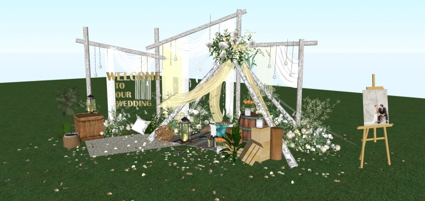21户外小清新婚礼场地 甜品区 婚庆 铁架 植物 摆件 木架 木头 乡村 户外仪式婚礼