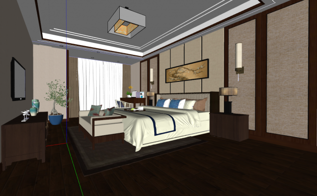 新中式卧室,客房双人床