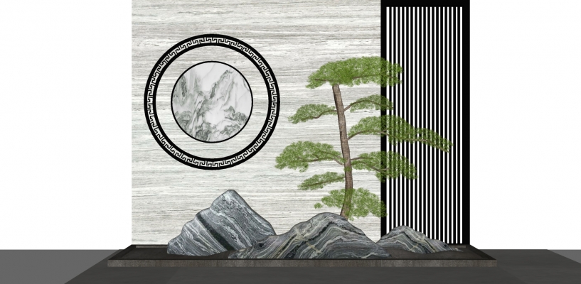16新中式景观 假山泰山石 松树装饰画    新中式摆件 新中式风格庭院景观 禅意庭院景观