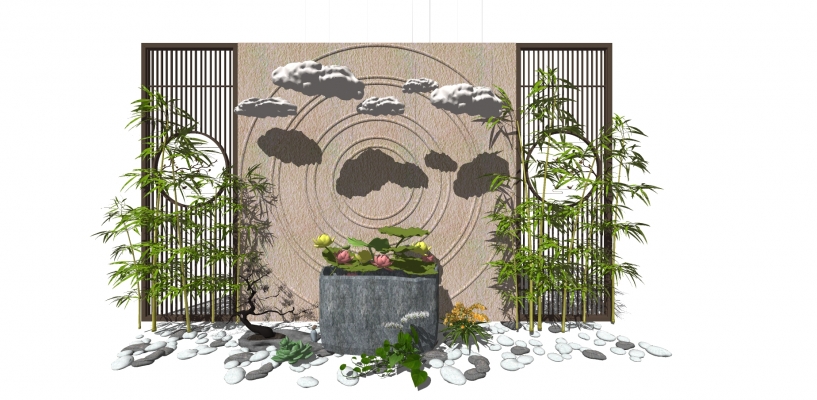 80新中式景观小品 隔断植物 鹅卵石 荷花荷叶池组合 禅意庭院景观 景墙 云朵吊灯 竹子组合