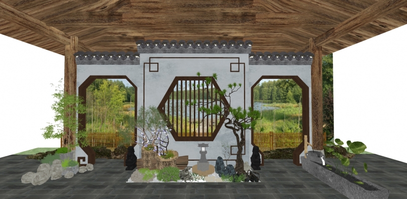 121中式庭院景观 造型雨花石铺装 菜地 玄关景墙 枯山水石 矮松 荷花荷叶池组合 竹子组合