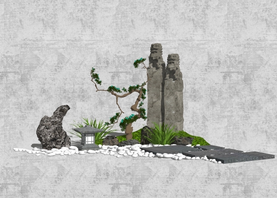 64中式 园艺小品 庭院景观 景观小品 拴马石 景观雕塑 叠石 绿松矮松