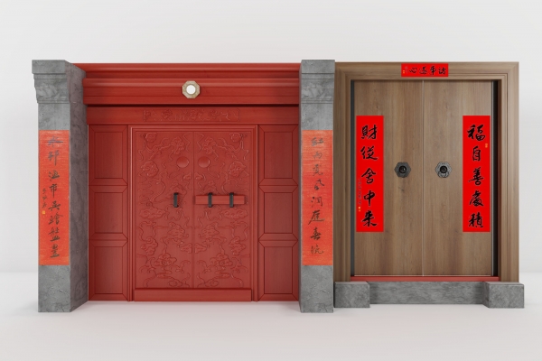  中式古典祥云云纹浮雕入口大门， 