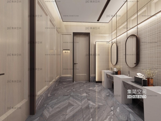 新中式酒店公用卫生间，立柱式洗手台，台上盆