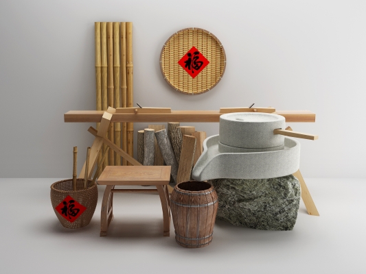  中式乡村，农家乐，农具，编织箩筐 