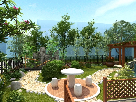  新中式庭院景观，是桌椅凳子 