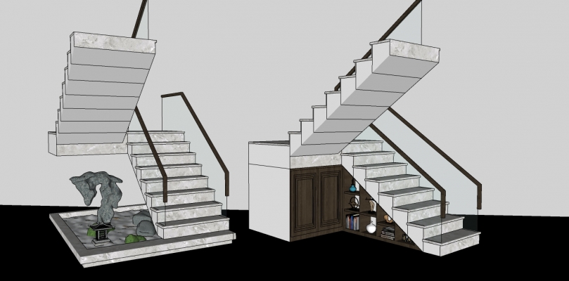 17现代石材玻璃楼梯  大理石踏步楼梯 玻璃扶手楼梯 杂物 绿植 摆件 陶瓶