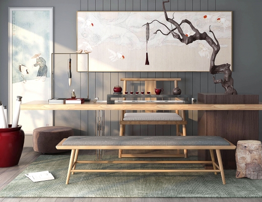  新中式茶台，茶桌椅，书桌椅 