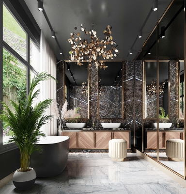  卫生间，浴缸，浴室柜散尾葵植物盆栽