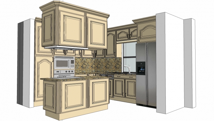  欧式法式厨房橱柜，烤箱 冰箱 微波炉 水槽