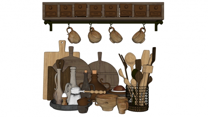  法式美式水杯勺子餐具组合 木制厨房用品用具 储物框 勺子铲子 叉子 调料瓶厨具