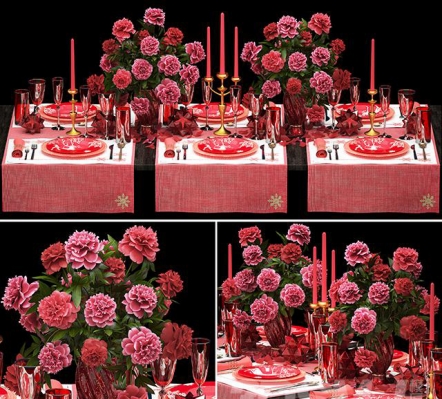  红色牡丹花，餐具盘子烛台 