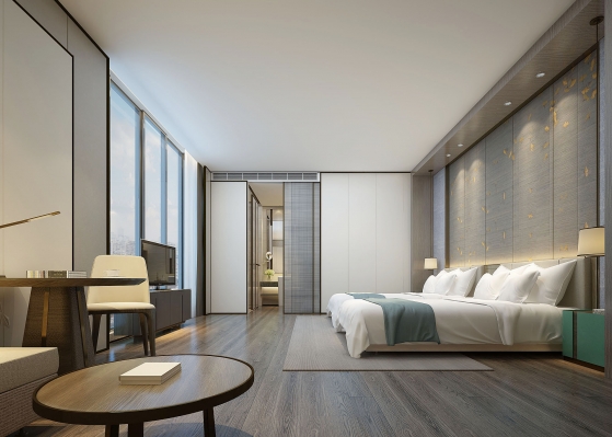  现代新中式酒店客房，标准间，双床间