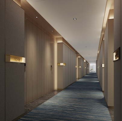  现代新中式酒店客房走廊，过道