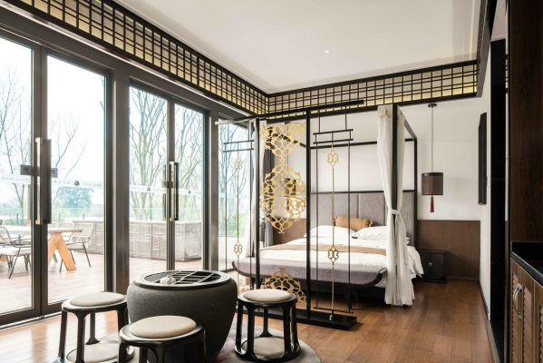  新中式酒店客房，卧室大床房 