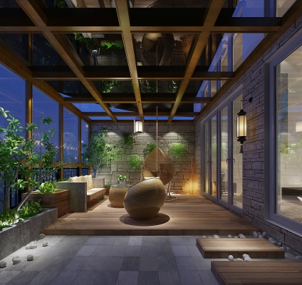  新中式景观阳台，藤编编织吊椅沙发落地灯