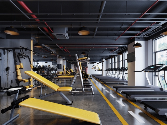  工业LOFT健身房，健身器材器械跑步机