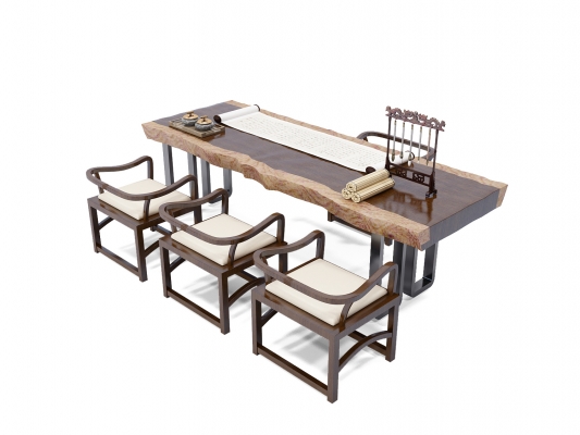  中式实木原木大板，书桌椅笔架，画案，卷轴画