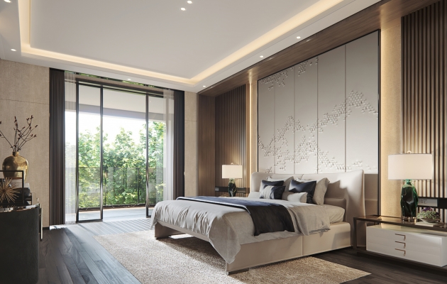  新中式酒店客房，双人床卧室，床头柜