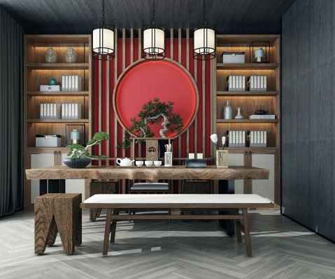  新中式实木原木大板茶桌椅 