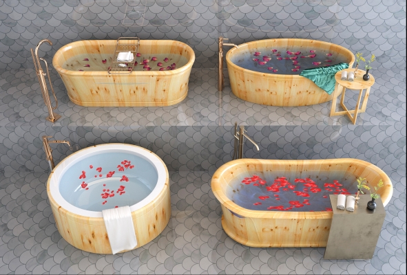  现代木质浴缸浴桶， 