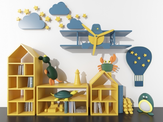  现代儿童玩具柜，书柜，飞机热气球墙饰，