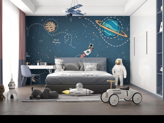  儿童房，男孩房卧室，宇航员主题客房，飞船，火箭宇航员学习桌写字台