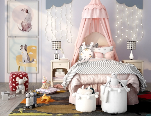Z01-0715北欧女儿房，女孩房儿童单人床，玩具床蔓，霓虹灯彩灯，欧式床头柜