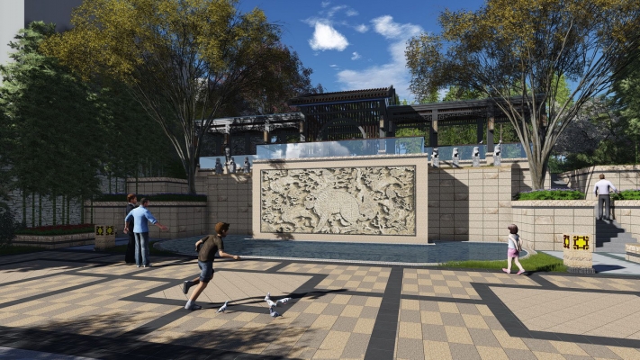 新中式广场与廊架模型