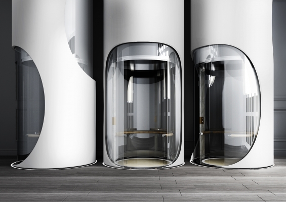 现代观光电梯，玻璃门，灰色复合地板，