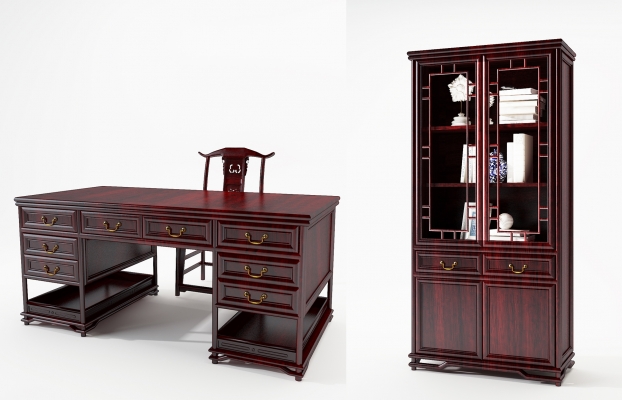 中式古典红木书桌椅，官帽椅，书柜