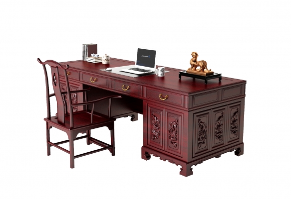 中式古典实木红木雕花书桌椅