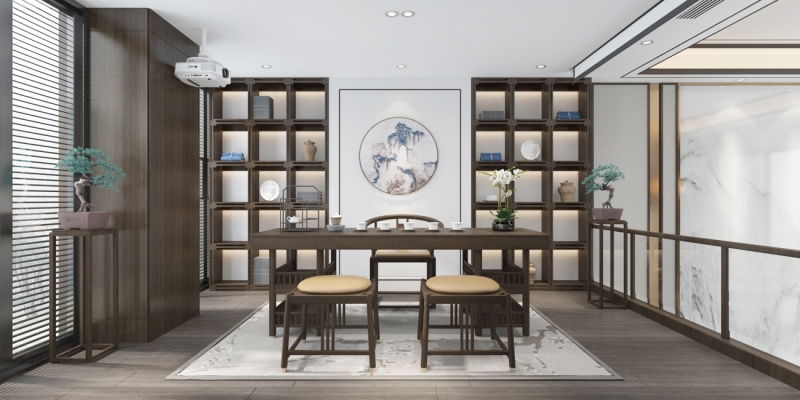 新中式茶室书房，茶桌椅，书柜，花架，蝴蝶兰