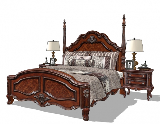 欧式古典实木雕花双人床