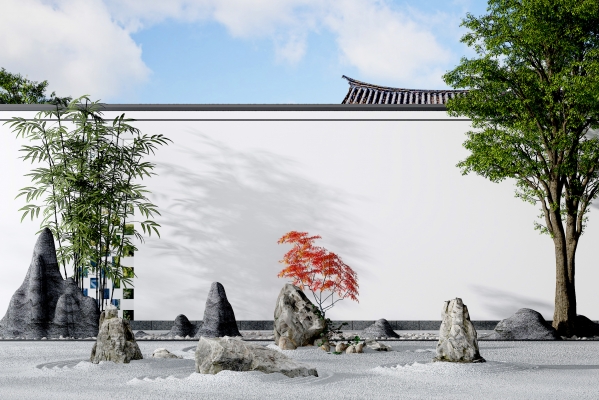 新中式景观庭院石头，竹子