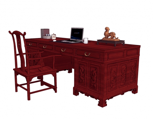 中式古典实木红木雕花书桌椅